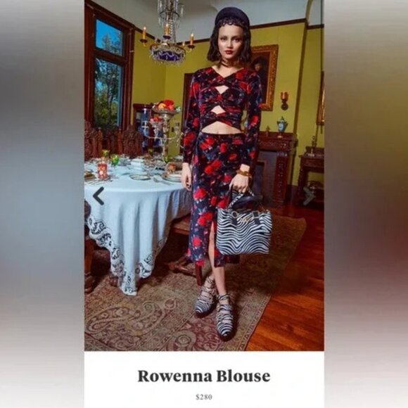 Autumn Adeigbo Rowenna twist Cutout Floral stretch Velvet Twisted Blouse top 8 - Picture 1 of 9